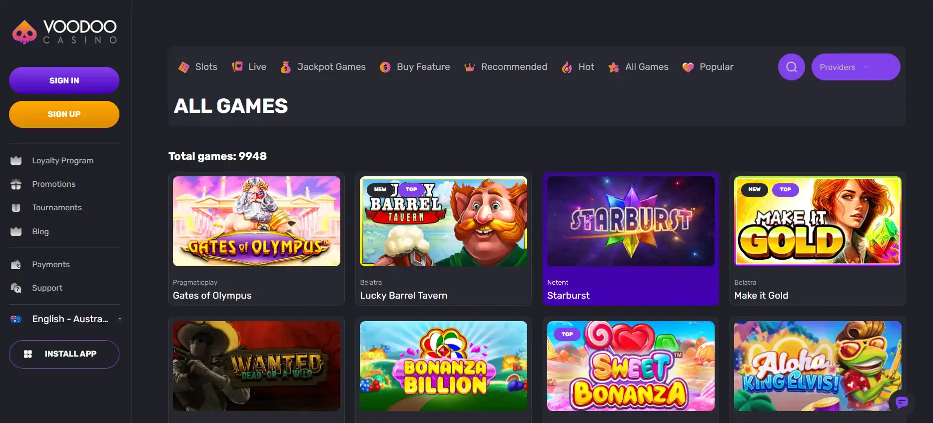 Current Voodoo Casino games catalogue interface