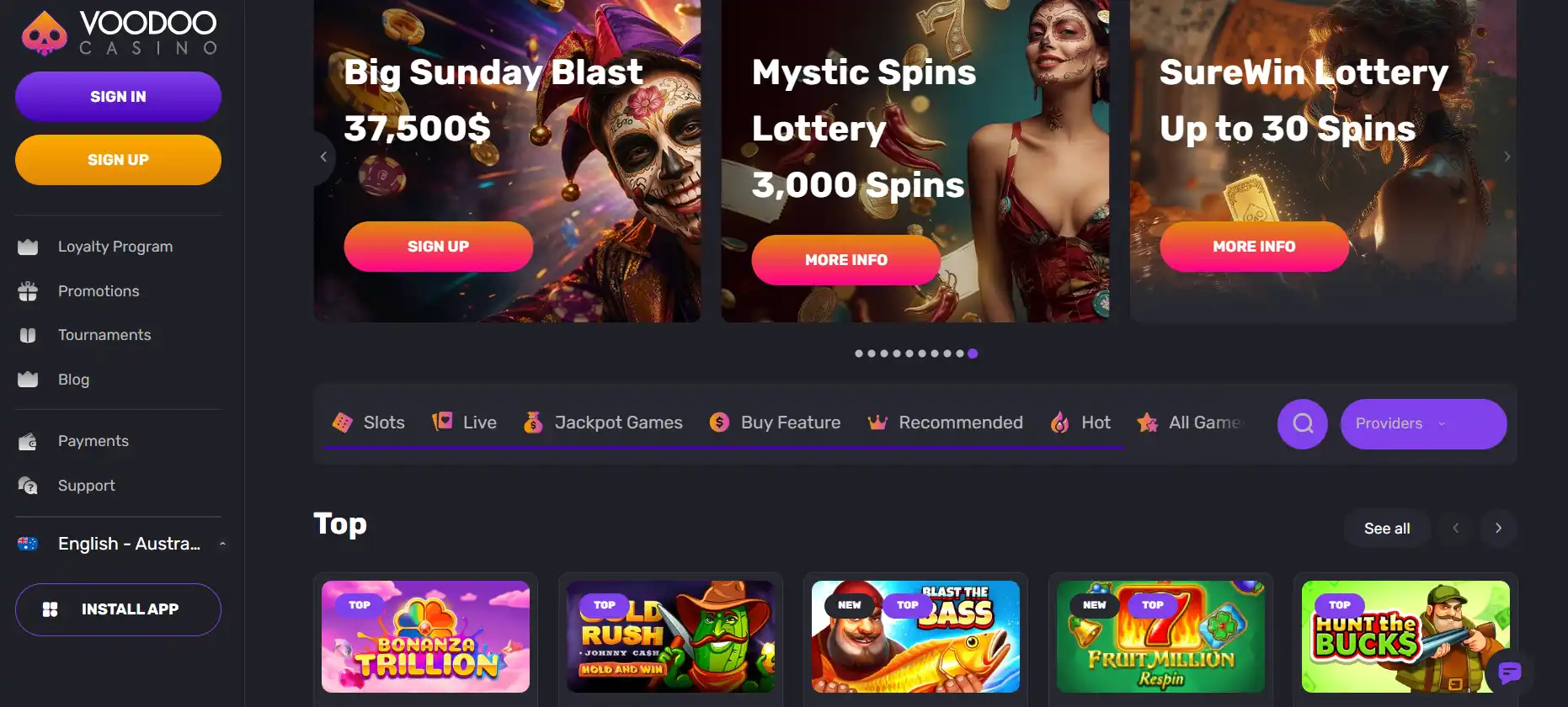 Current Voodoo Casino homepage interface