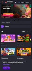 Current Voodoo Casino mobile website interface shown on a smartphone browser