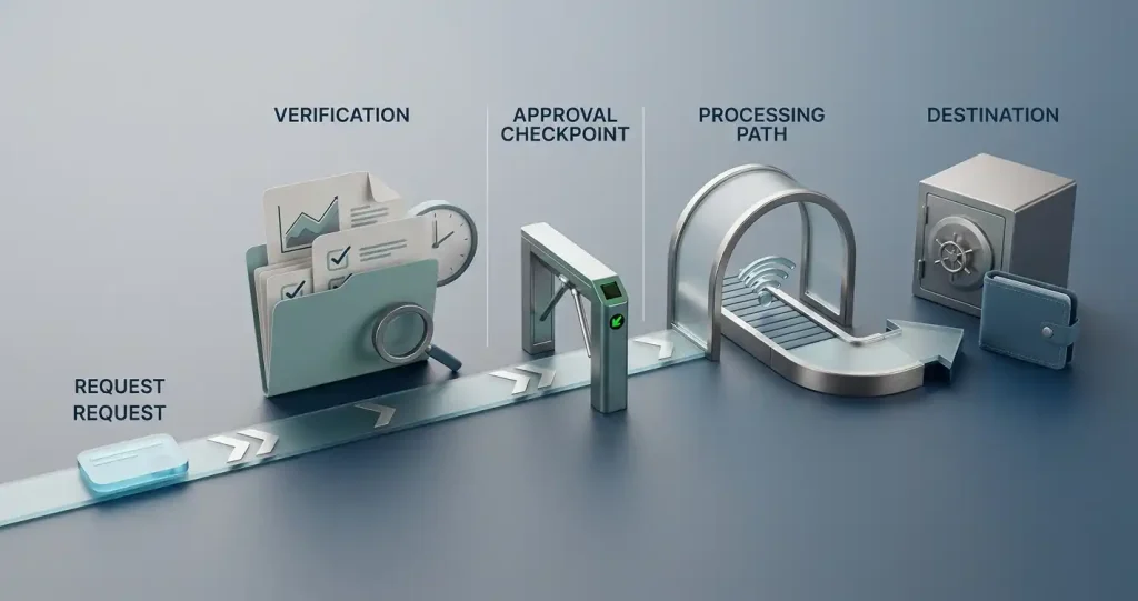 Illustration of a withdrawal moving from request to verification, approval and payment