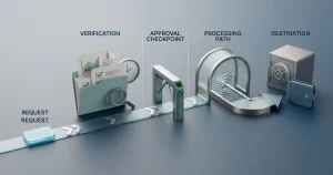 Illustration of a withdrawal moving from request to verification, approval and payment