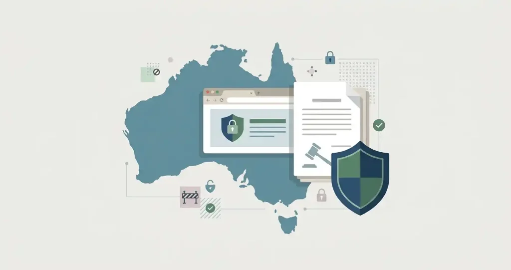 Neutral illustration of Australian online gambling regulation with law, browser and shield motifs