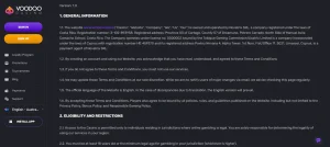 Official Voodoo Casino terms showing Novatrix SRL and the Tobique Gaming Commission licence statement