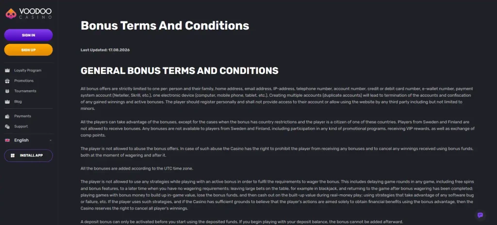 Voodoo Casino bonus terms and promotions