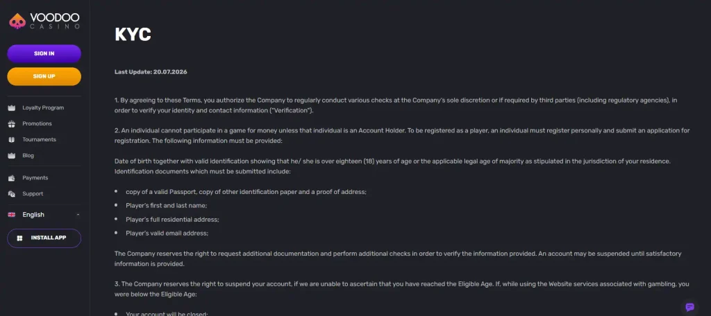 Voodoo Casino identity verification information