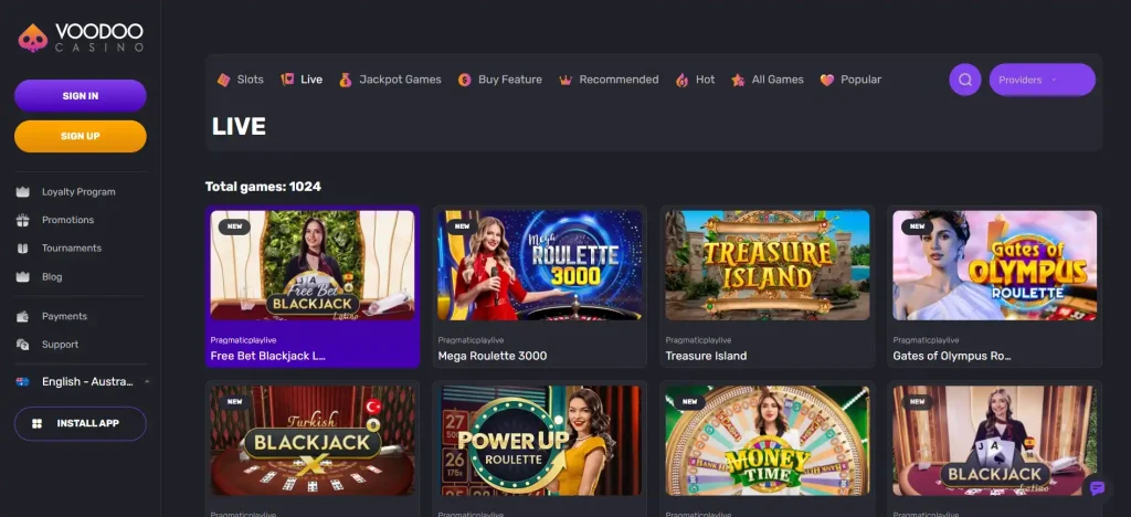 Voodoo Casino live casino category showing current live table inventory