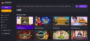 Voodoo Casino live casino category showing current live table inventory