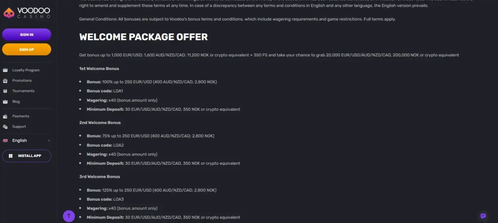 Voodoo Casino welcome bonus terms